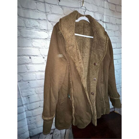 EDDIE BAUER SHERPA FAUX SHEARLING REVERSIBLE COAT SOFT BROWN TRENCH SOFT LARGE - Picture 3 of 12